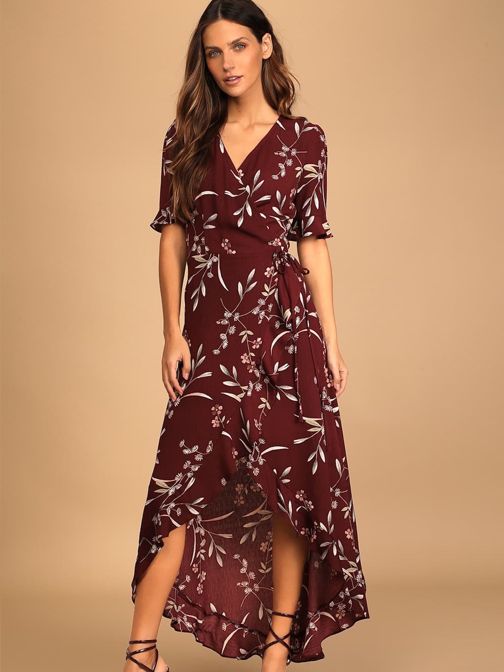Lulus Wild Winds Burgundy Floral High‑Low Wrap Dress – Size M | Romantic Boho |